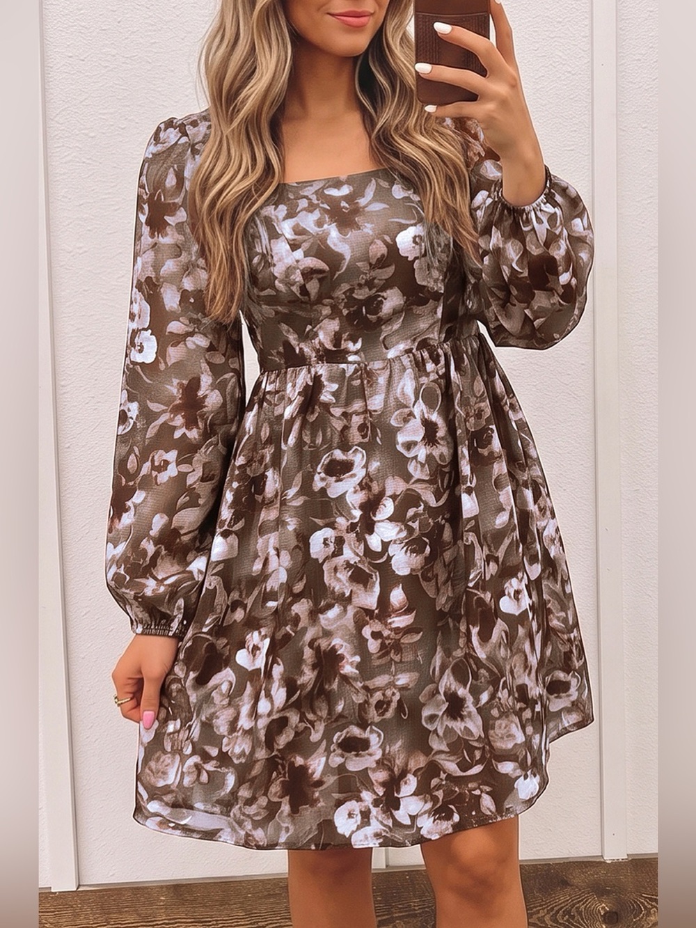 Abstract Floral Print Square Neck Long Sleeve Mini Shift Dress